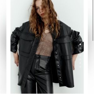 zara faux leather overshirt black sz S